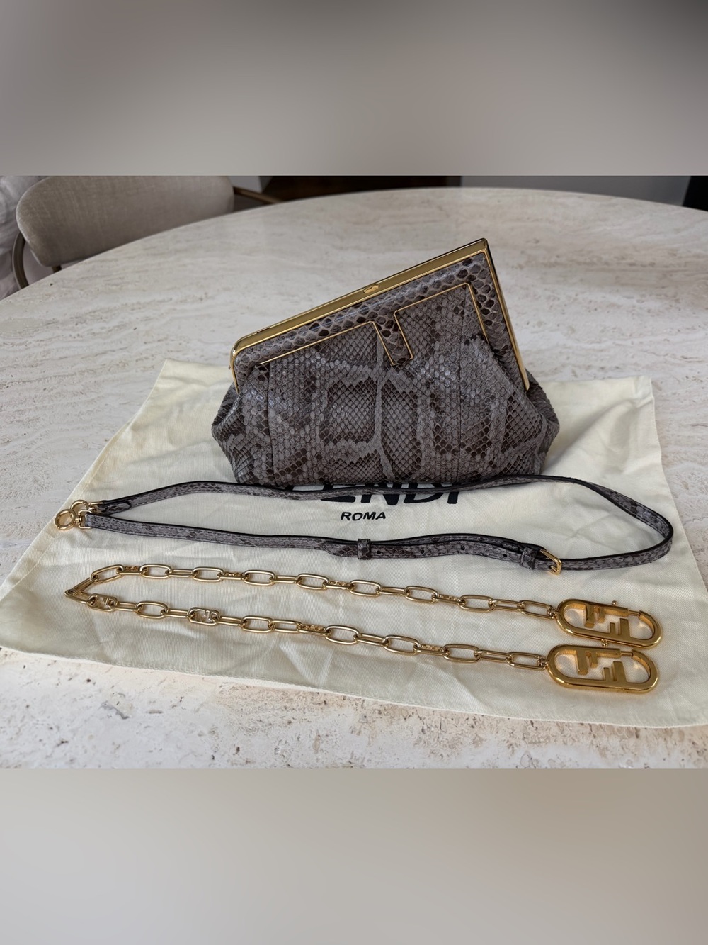 Fendi Gray Python Minaudière with Gold Hardware